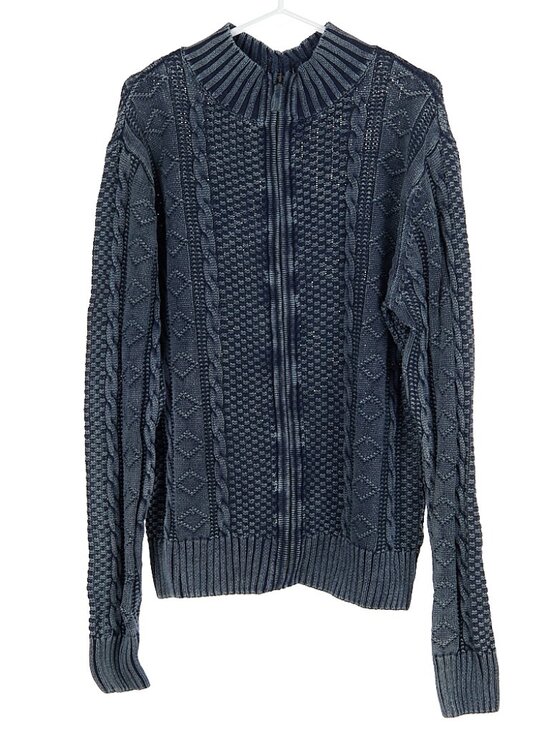 Carbon 2 Cobalt Sweater Mens Large Stavanger Full Zip Linen Nordic 3D Cable Knit - Picture 1 of 5